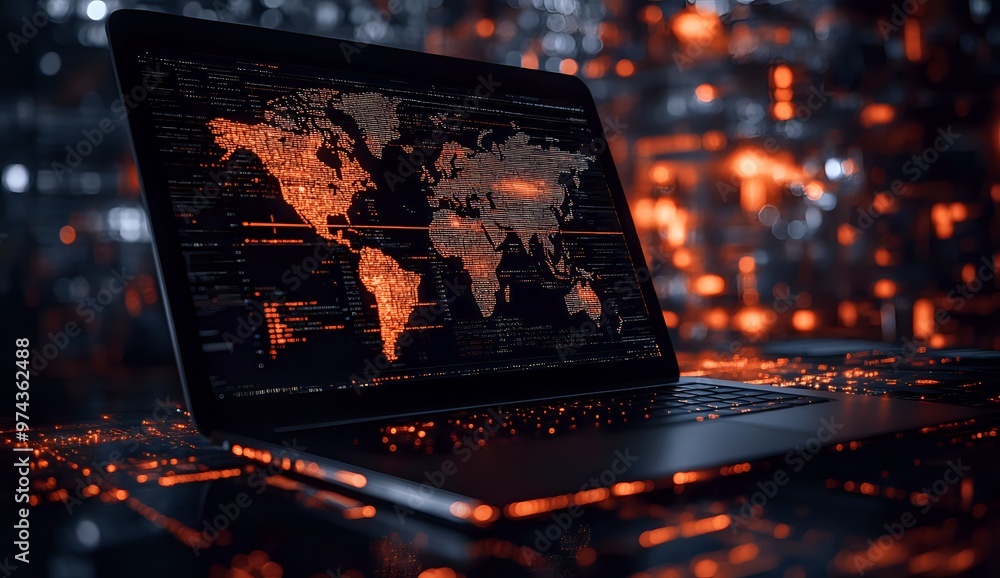 Poster a laptop with a glowing world map on the screen, surrounded by a bokeh of warm lights.