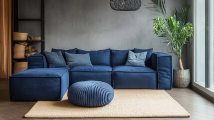 Scandinavian Living Room with Dark Blue Corner Sofa and Knitted Poufs | Modern Interior Design -- 16:9