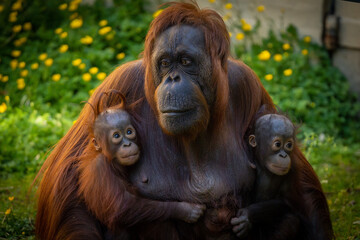 Female orangutan with children in arms