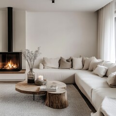 Scandinavian Living Room with White Corner Sofa and Fireplace | Modern Home Interior Design -- 1:1