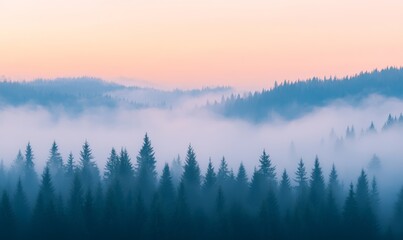 Fototapeta premium Early Morning Fog Blankets a Tranquil Forest Landscape in Soft Pastel Hues at Dawn