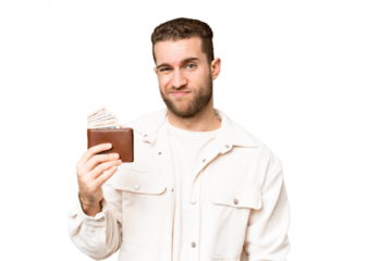 Young handsome blonde man holding a wallet over isolated chroma key background with sad expression