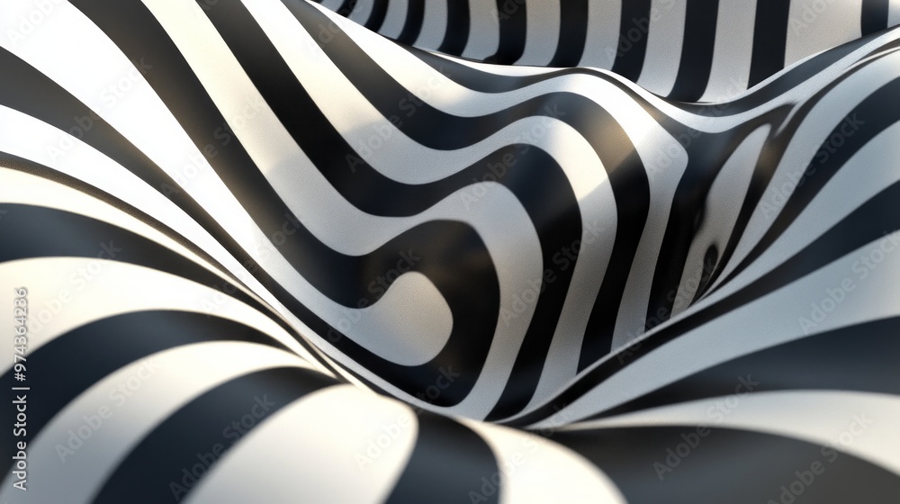 Poster abstract patterns of black and white stripes on curved surfaces creating a visually engaging effect
