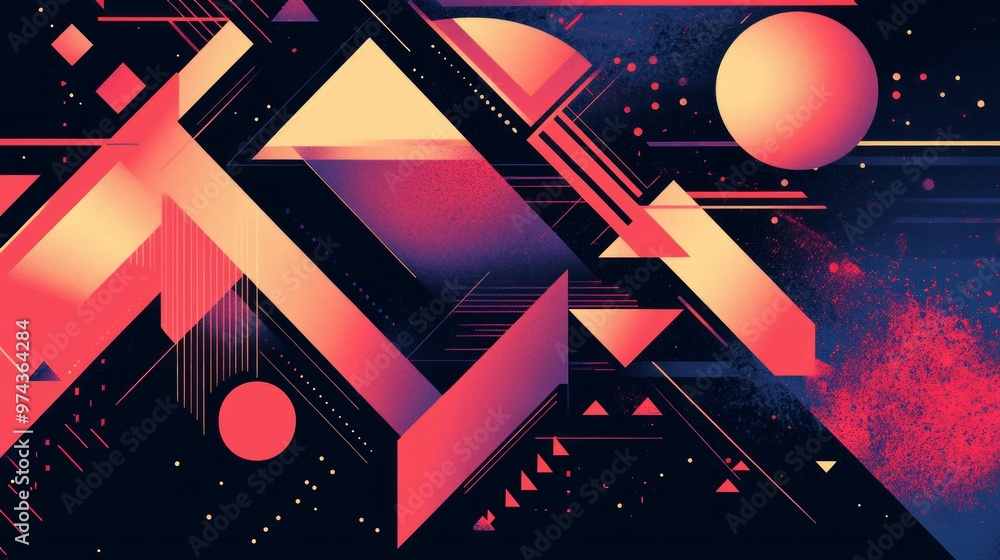Poster bold geometric shapes create an abstract sci-fi landscape filled with vibrant colors and dynamic ang