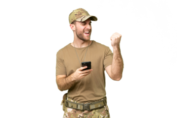 Military with dog tag over isolated chroma key background with phone in victory position