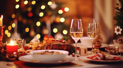 Fototapeta premium Elegant Christmas Dinner Table With Gold and White Decorations