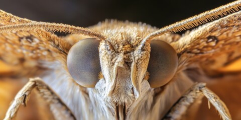Fototapeta premium Ultra-close macro shot of a moth's head with textured eyes and intricate antennae in golden light