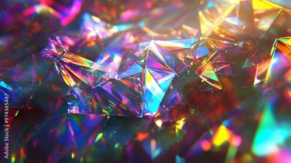 Poster vibrant holographic patterns created by crystal-like structures reflecting light in a kaleidoscopic 