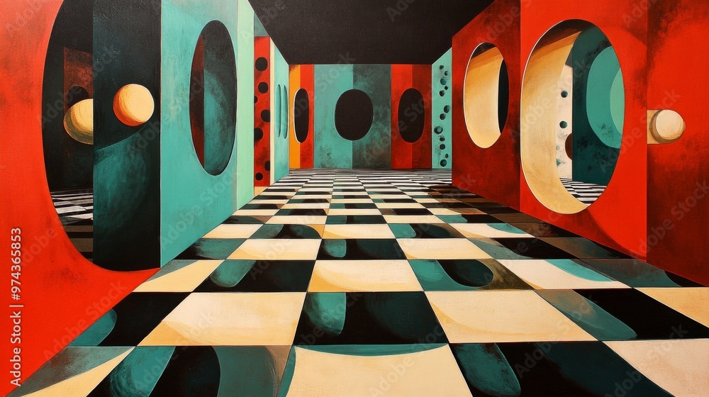 Poster geometric optical illusion creating depth in a colorful interior setting