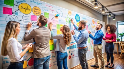 Fototapeta premium Group of businesspeople creating a colorful mural on a wall during a brainstorming session, team collaboration, creative environment
