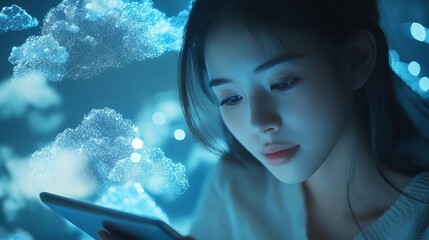 cloud and technology concept with a woman using a tablet, illustrating digital connectivity, virtual interface, and data access in modern online browsing and communication