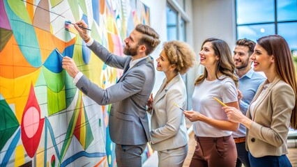 Group of businesspeople creating a colorful mural on a wall during a brainstorming session, team collaboration, creative environment