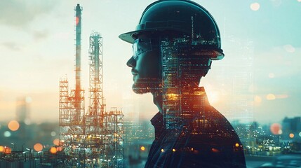 A double exposure image featuring a project engineer and an artificial intelligence interface, symbolizing technology and innovation.