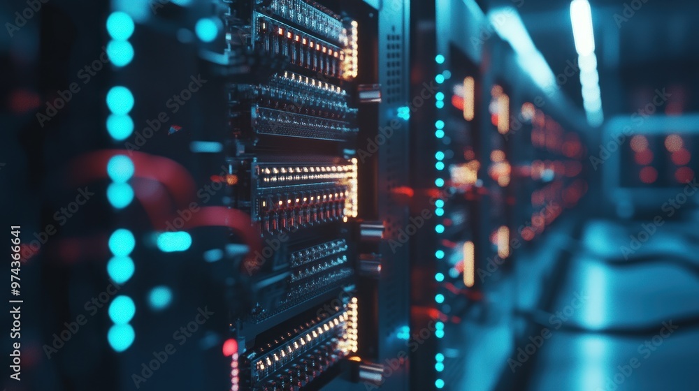 Poster server rack with blue and red lights in a data center