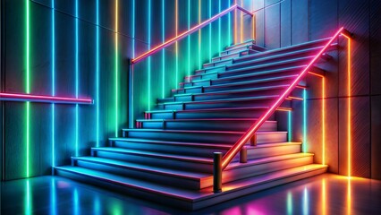 Abstract staircase made of bright neon lines leading upward, representing creative business success, climbing to success, innovation in business