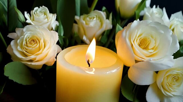 Solemn funeral white flowers and candles on dark background, memory and grief wallpaper.