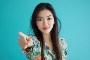 Fototapeta premium Portrait of a young woman wearing a floral shirt, pointing towards the camera with a confident expression against a turquoise background.