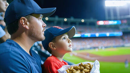 a father and son sharing a bag of peanuts at a baseball game, at a stadium
