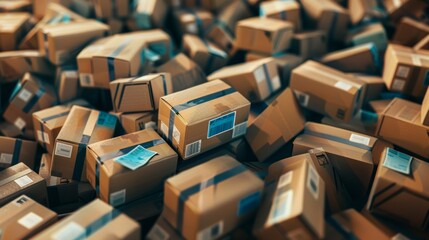 Obraz premium Organized Stacks of Cardboard Boxes with Blue Labels in a Warehouse Setting