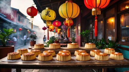 Chinese mooncakes on a table with lanterns during Mid-Autumn Festival