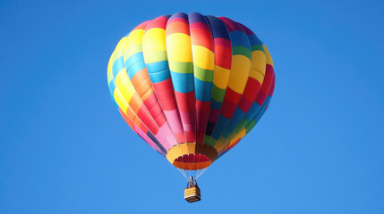 Fototapeta premium A vibrant rainbow colored hot air balloon floats gracefully against clear blue sky, creating stunning visual spectacle that evokes sense of adventure and joy