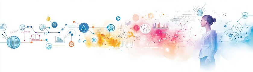 Naklejka premium A creative collage of icons representing various skills orbiting around a central goal, illustrating a structured approach to achieving objectives