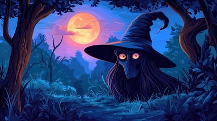 A mystical witch character lurking in a dark forest under a full moon, surrounded by enchanting night scenery.