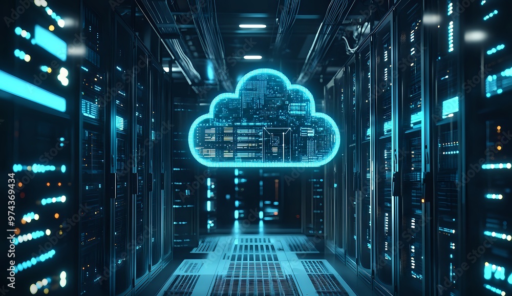 Aufkleber a glowing cloud icon in a server room, representing data storage and cloud computing.