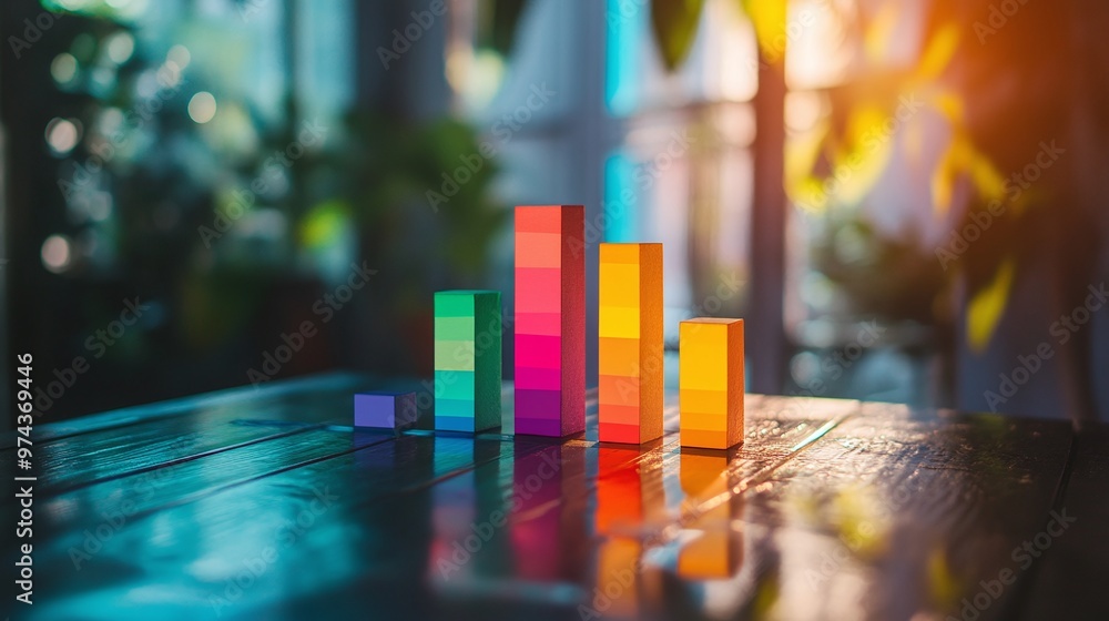 Poster desktop table with a rainbow colored bar chart, emphasizing colorful data display and statistical an