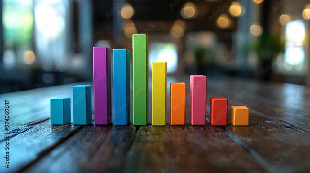 Poster vibrant bar chart with rainbow colors displayed on a table, illustrating statistical analysis and da