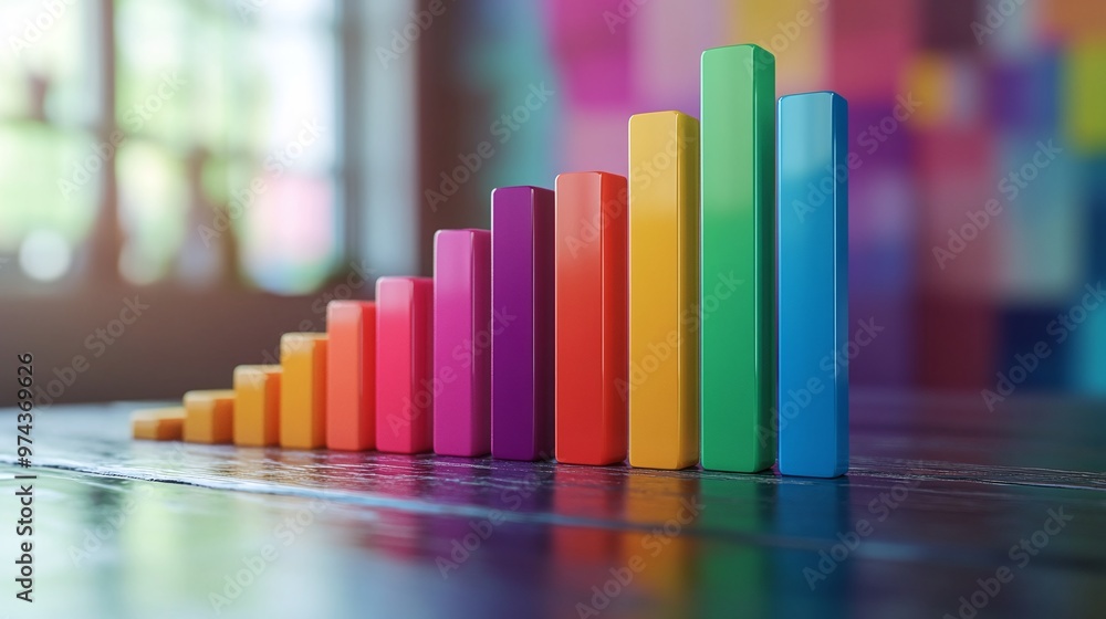 Poster colorful rainbow bar chart atop a workspace table, highlighting visual data analysis and graphical r