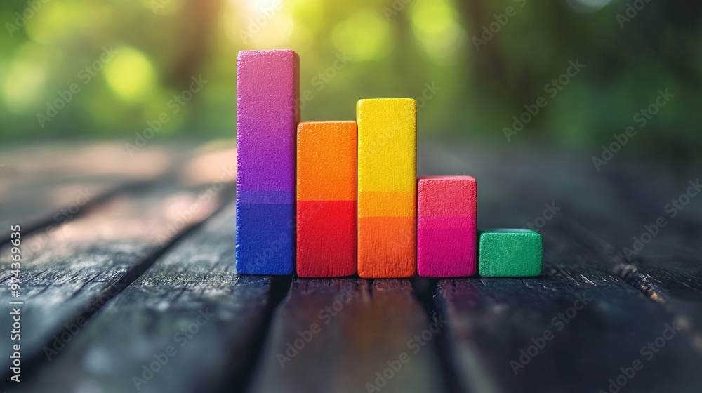 Poster dynamic rainbow colored bar chart atop a table, featuring a colorful and vivid graphical analysis, g