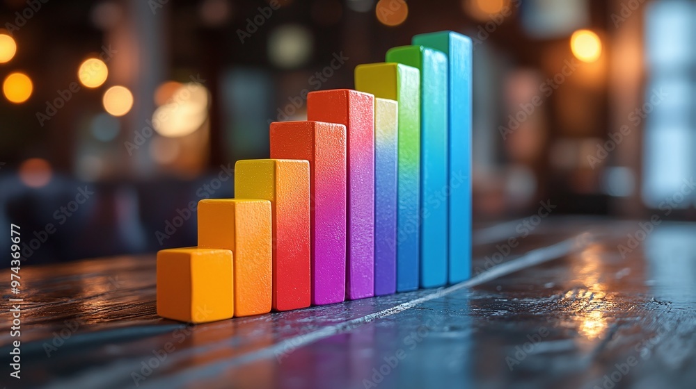 Poster vibrant rainbow bar chart placed on a table, providing a colorful and engaging data display, ideal f