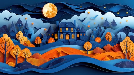 A whimsical night scene featuring a haunted house, full moon, bats, and colorful autumn trees in a vibrant, illustrative style.