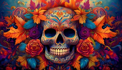 Day of the Dead Makeup with Flowers and Sugar Skull