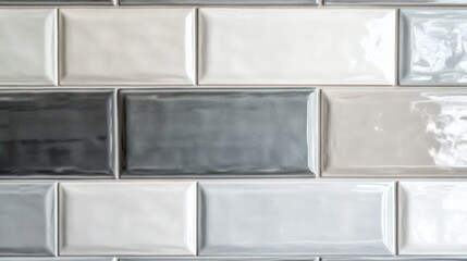 A stack of glossy subway tiles in shades of white and grey, arranged neatly for a contemporary look