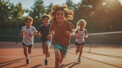 active children running energetically on a tennis court, participating in a lively sports game that supports physical fitness, teamwork, and outdoor play for youth - Powered by Adobe