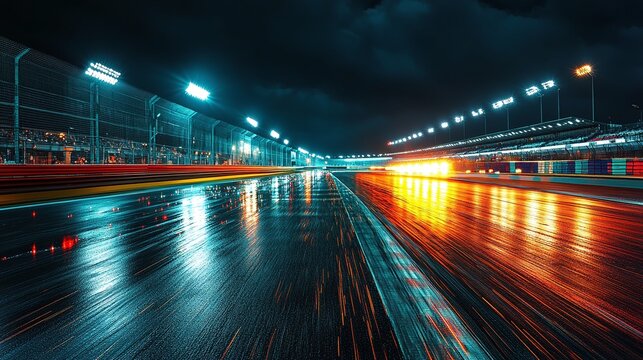 photo of a race track illuminated at night, ready for action, featuring vibrant lighting and a dynamic racing environment, ideal for highlighting evening racing competitions