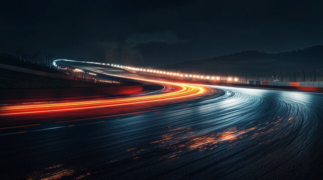 photo of a race track under the bright lights at night, prepared for action, highlighting the illuminated circuit and the anticipation of a high-speed racing event