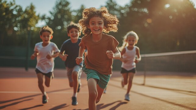 active children running energetically on a tennis court, participating in a lively sports game that supports physical fitness, teamwork, and outdoor play for youth