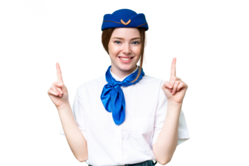 Airplane stewardess over isolated chroma key background pointing up a great idea