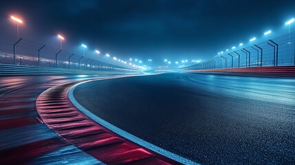 illuminated race track ready for action at night, capturing the vibrant lights and dynamic environment of a nighttime sports venue, ideal for racing events