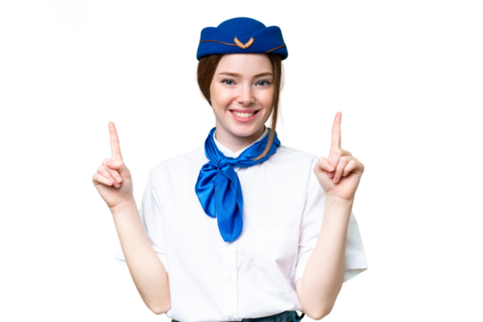 Airplane stewardess over isolated chroma key background pointing up a great idea