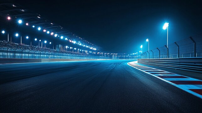 nighttime photo of an illuminated race track, prepared for action, featuring bright lights and a well-lit racing circuit, perfect for showcasing evening racing events