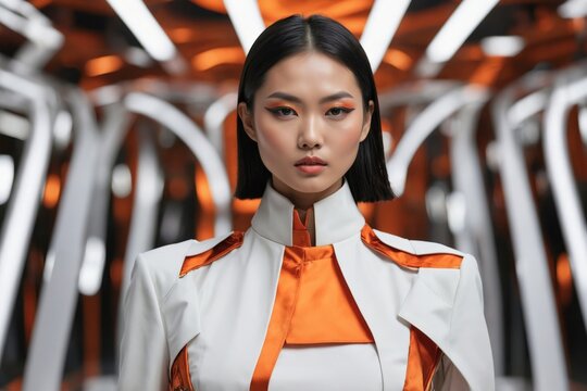 Futuristic fashion portrait photo of a beauty confident smart asian woman with decoration.	