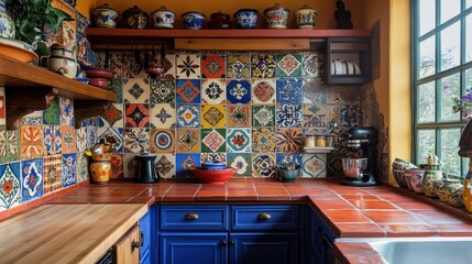 A traditional kitchen wall featuring colorful Mexican Talavera tiles, showcasing bold and artistic designs