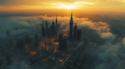 Naklejka premium expansive aerial view capturing the architectural diversity and urban landscapes of the city, featuring detailed images of buildings and the dynamic skyline