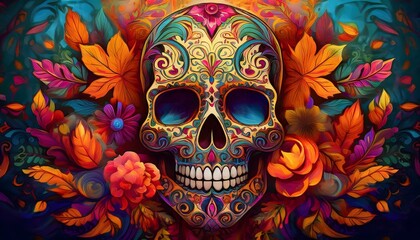 Day of the Dead Makeup with Flowers and Sugar Skull