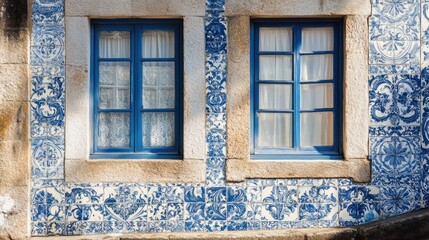 Fototapeta premium A traditional kitchen wall with hand-painted Portuguese tiles, showcasing intricate blue and white designs