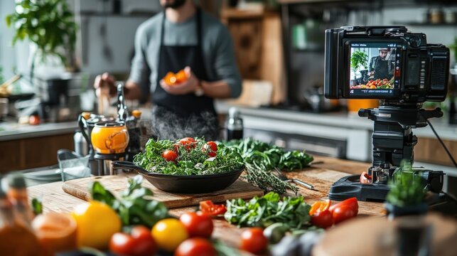 A chef prepares a fresh vegetable salad on camera in a modern kitchen. Culinary video tutorial or cooking vlog in progress.